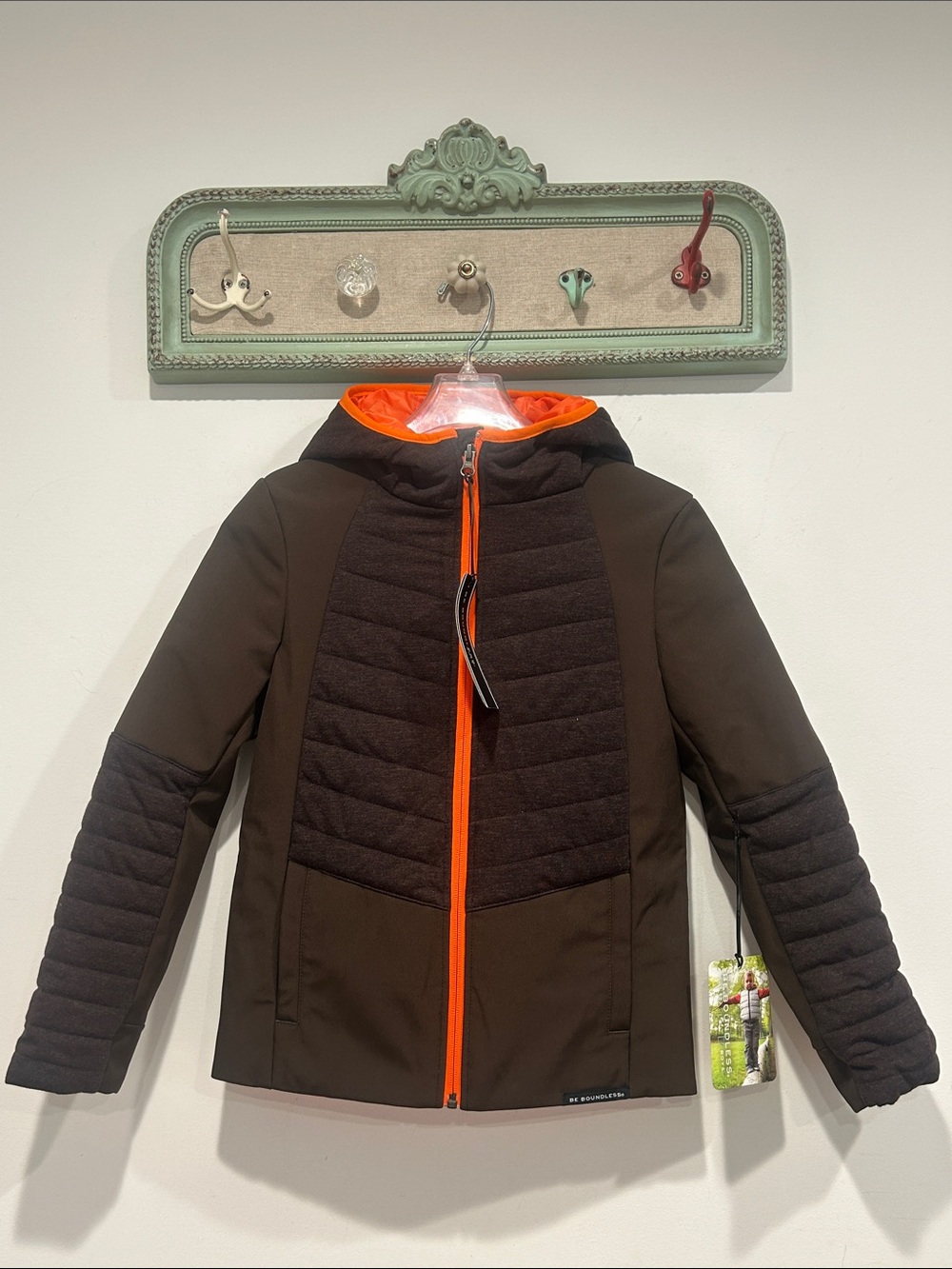 Be boundless Kids Brown Hooded Puffer Jacket with Orange Trim medium boys new